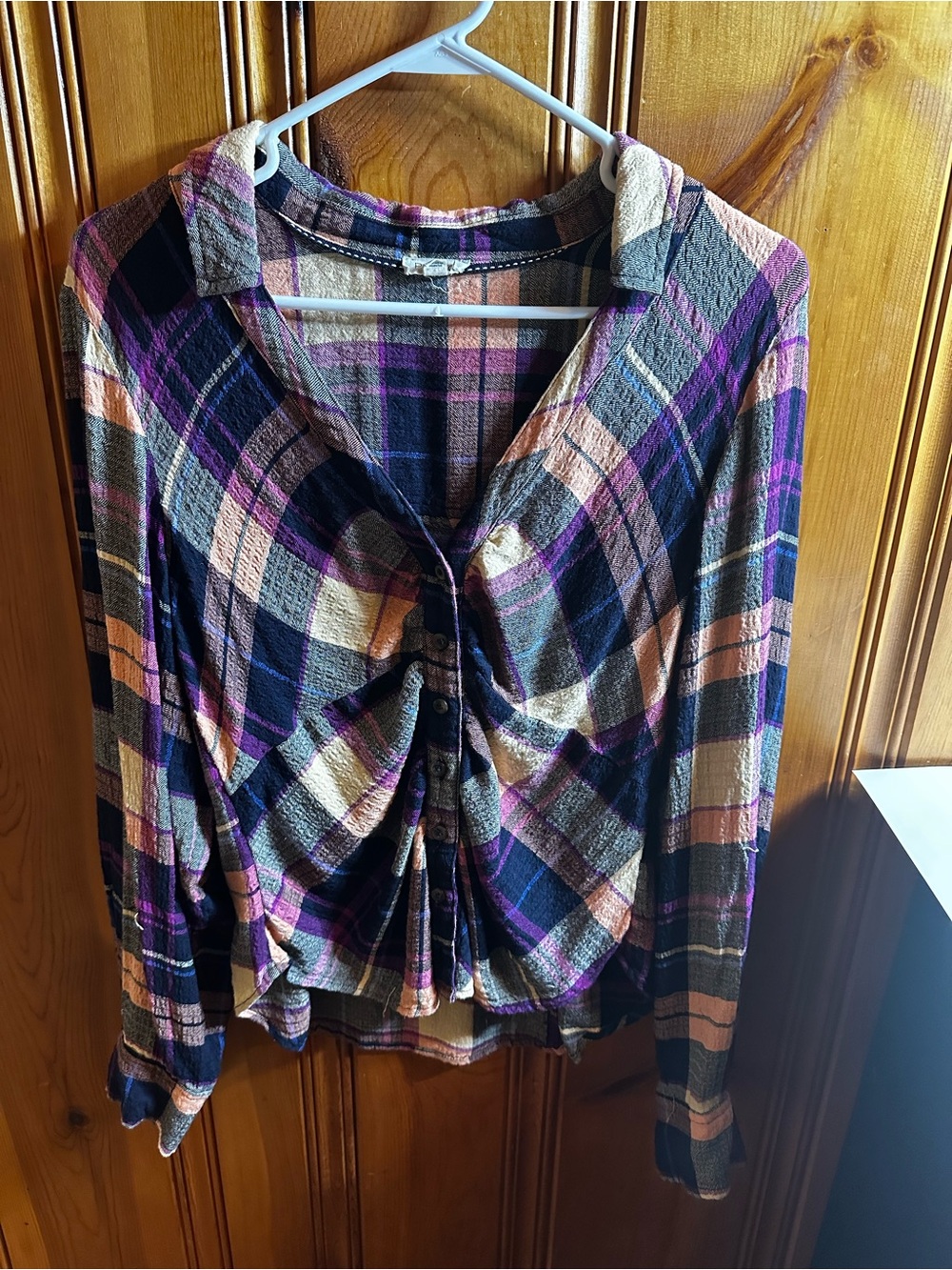 Pilcro Plaid Button-Front Twist Top - Purple, Black & Cream
